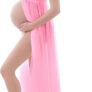 Maternity Lace Dress Off Shoulder Gown for Photoshoot Soft Chiffon Small
